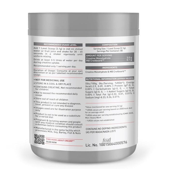 MuscleBlaze Creatine Monohydrate CreAMP™ (Unflavoured, 80 Servings, 250g) - Image 3