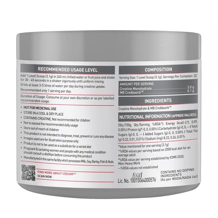 MuscleBlaze Creatine Monohydrate CreAMP™ (Unflavoured, 32 Servings, 100g) - Image 3