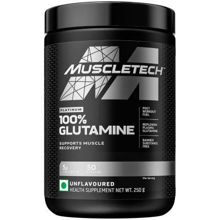 Muscletech Glutamine Powder | Muscletech Platinum 100% Glutamine Powder | Post Workout Recovery Drink | L-Glutamine Powder For Men & Women | Muscle Recovery | Unflavored (50 Servings) - 250G