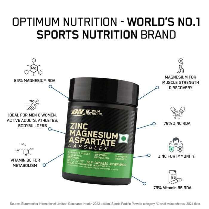 Optimum Nutrition (ON) Zinc Magnesium Aspartate (ZMA) - 60 Capsules, Muscle Strength, Metabolism, Immunity, Vegetarian - Image 2